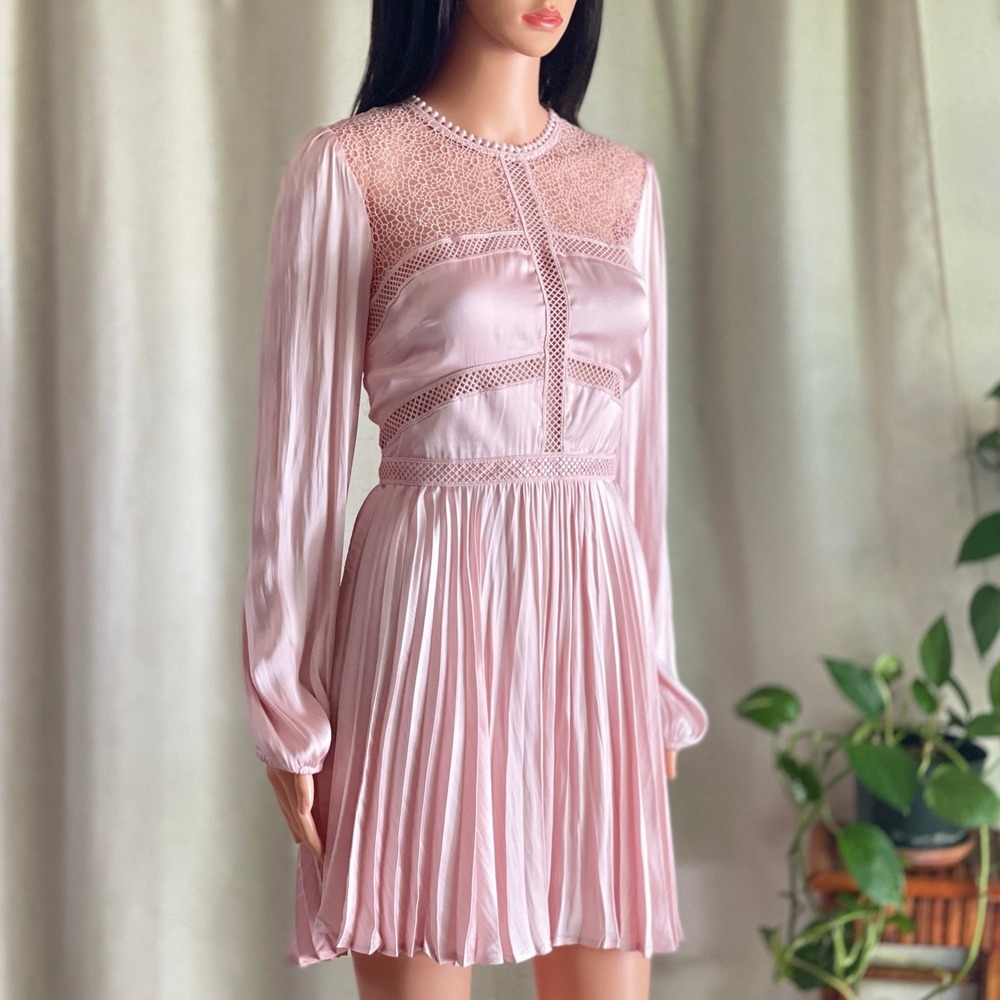 Bardot Pink Olivia Crochet Lace Satin Pleated Mini Dress Long‎ Sleeve Coquette 6